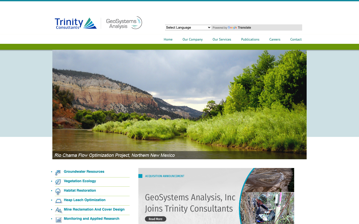 GeoSystems Analysis homepage with a river landscape