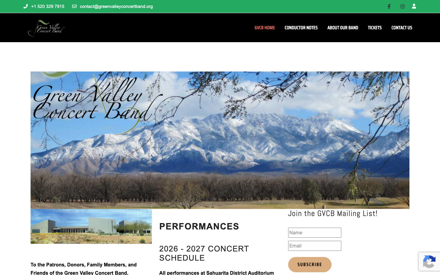 Green Valley Concert Band homepage with mountain photography and concert information