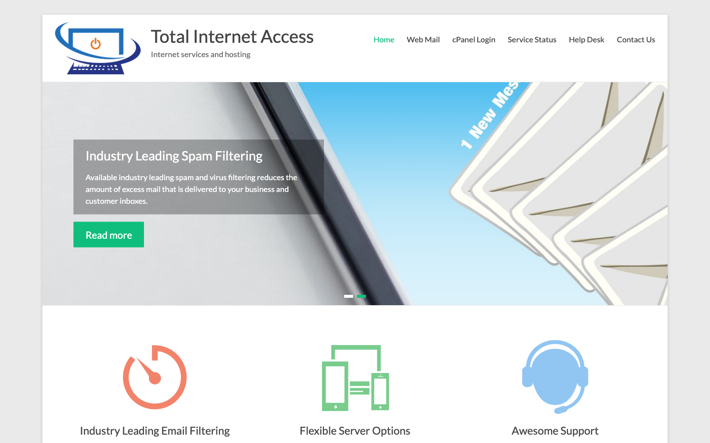 Total Internet Access homepage showing internet and hosting services